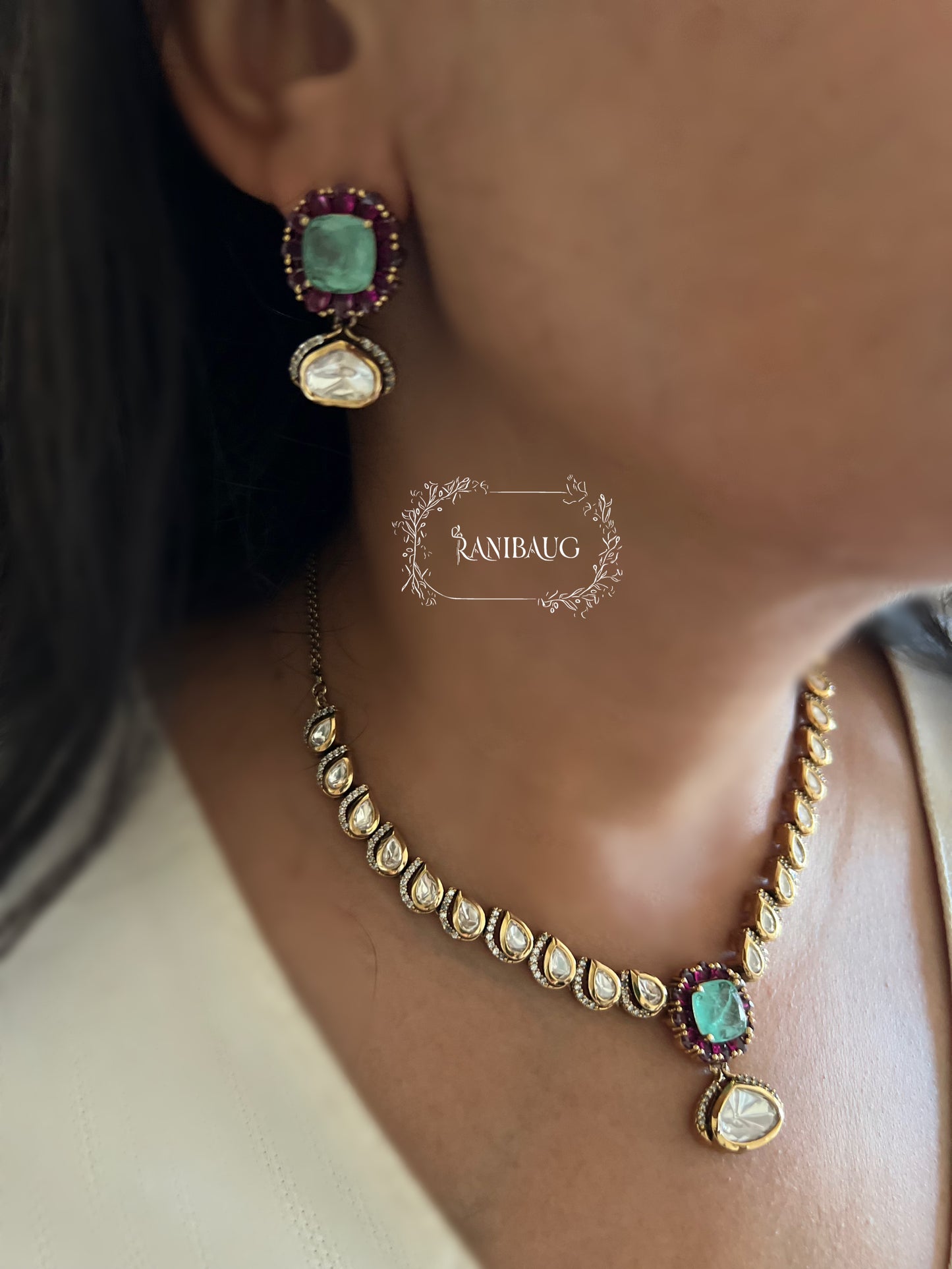 Vrutti Polki Studded Mint Gemstone Gold Finish Necklace Jewellery Set By Ranibaug