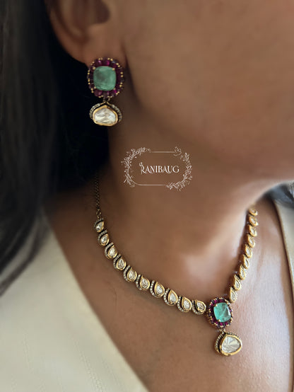 Vrutti Polki Studded Mint Gemstone Gold Finish Necklace Jewellery Set By Ranibaug