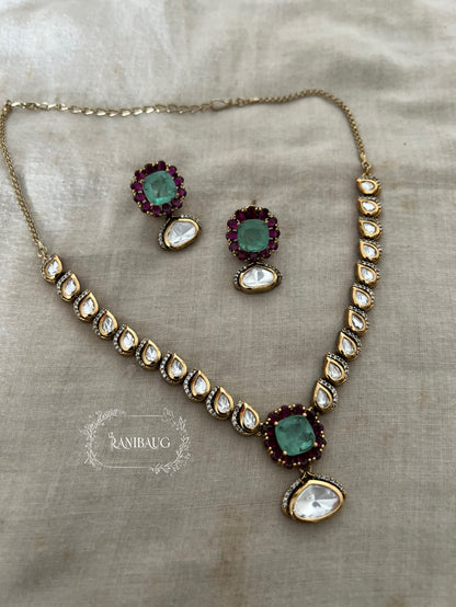 Vrutti Polki Studded Mint Gemstone Gold Finish Necklace Jewellery Set By Ranibaug