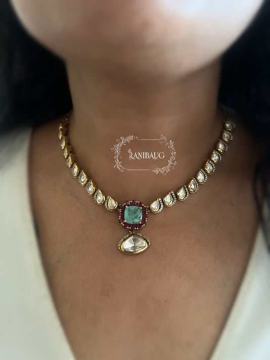 Vrutti Polki Studded Mint Gemstone Gold Finish Necklace Jewellery Set By Ranibaug