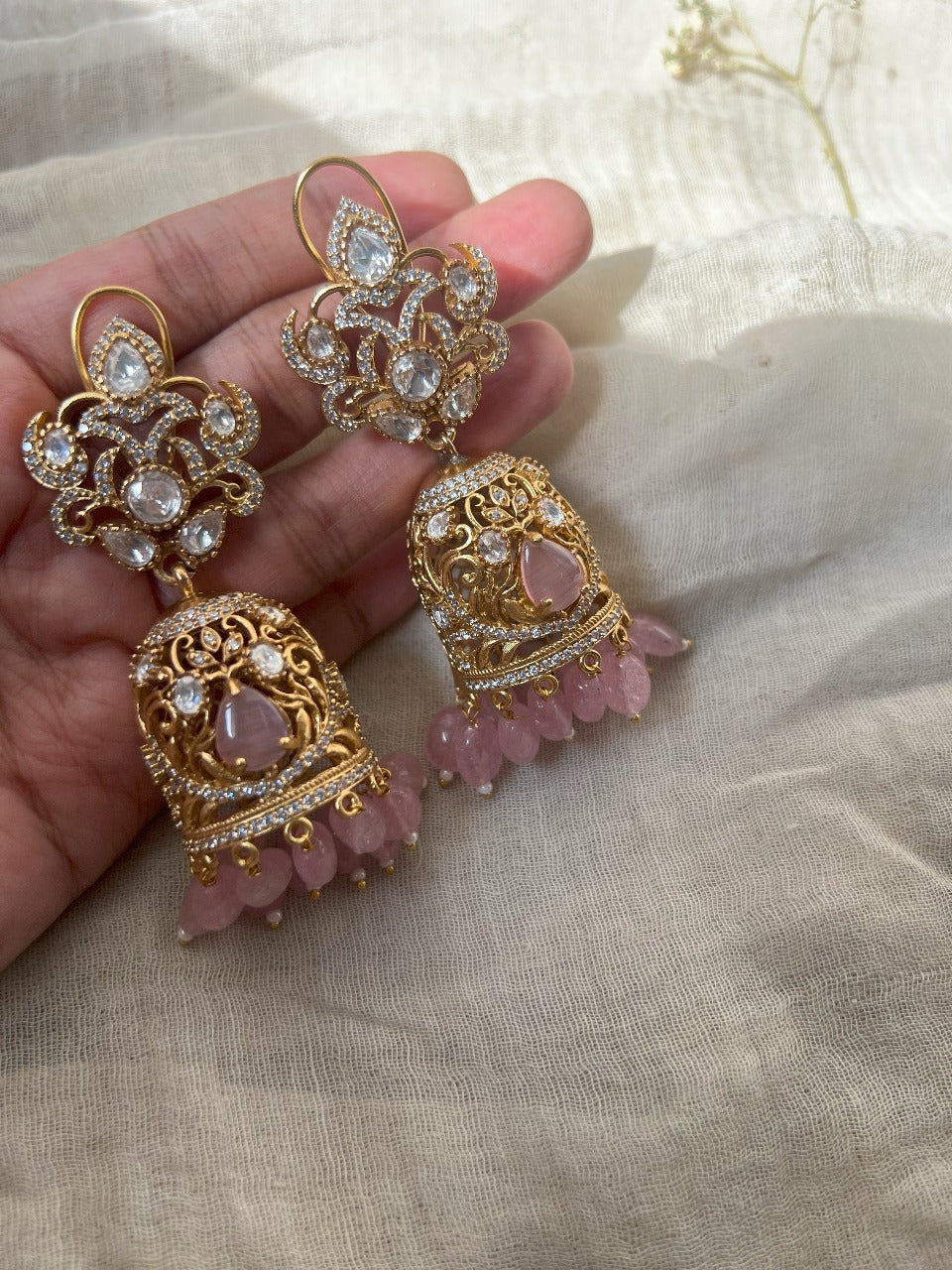 Ektara Elegant Artificial Gold Earrings Victorian Finish With Mossainite Stones