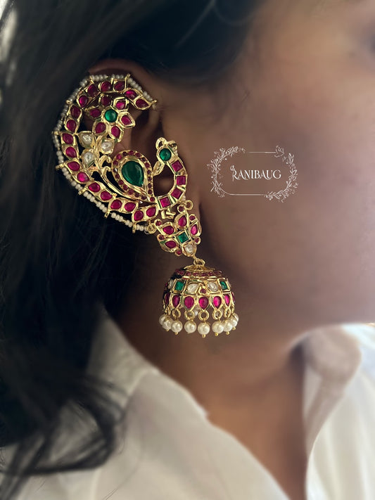 Meherbanu Rani Pink Emerald Peacock Jhumka | Ranibaug