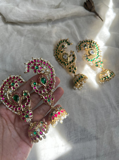 Meherbanu Rani Pink Emerald Peacock Jhumka | Ranibaug