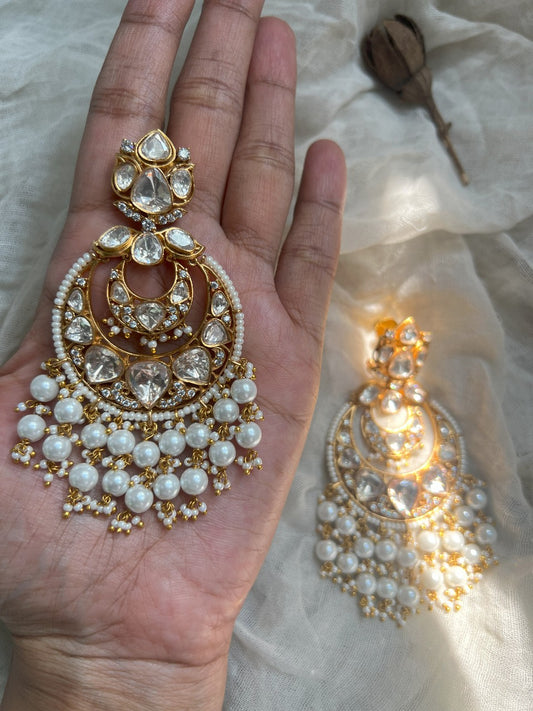 Ranibaug Panchi Mossainite Kundan Pearl Jhalar Chandbali