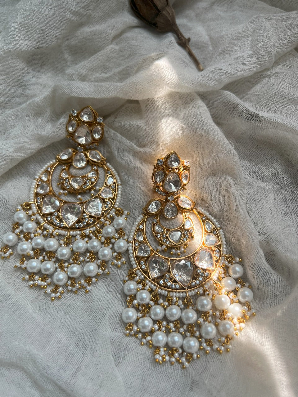 Ranibaug Panchi Mossainite Kundan Pearl Jhalar Chandbali