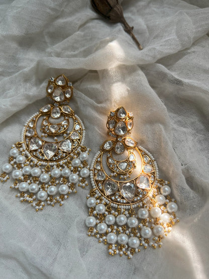 Ranibaug Panchi Mossainite Kundan Pearl Jhalar Chandbali