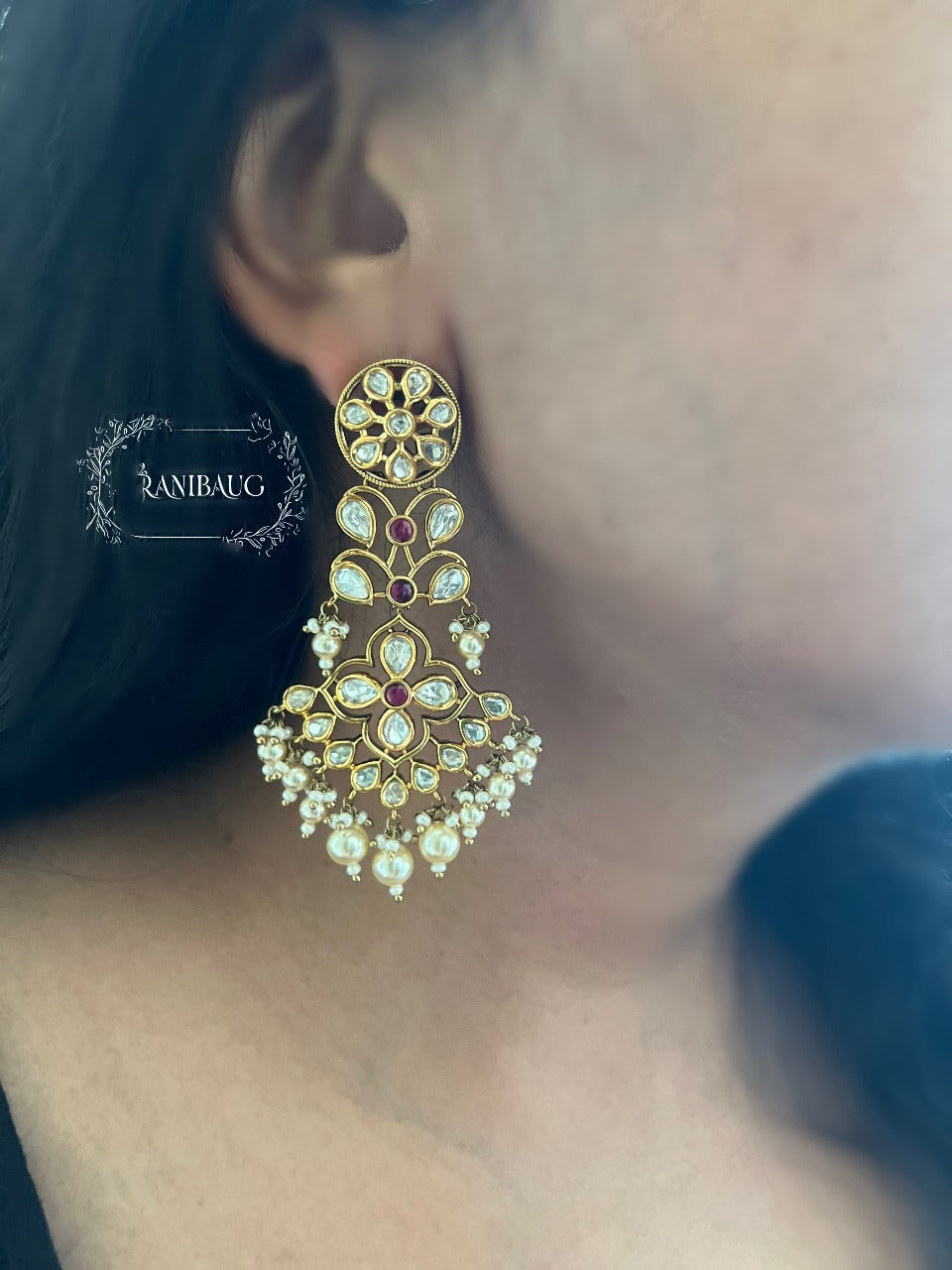 Ranibaug Ehsaas Kundan Jasmine Pearl Gold Dangler Earrings