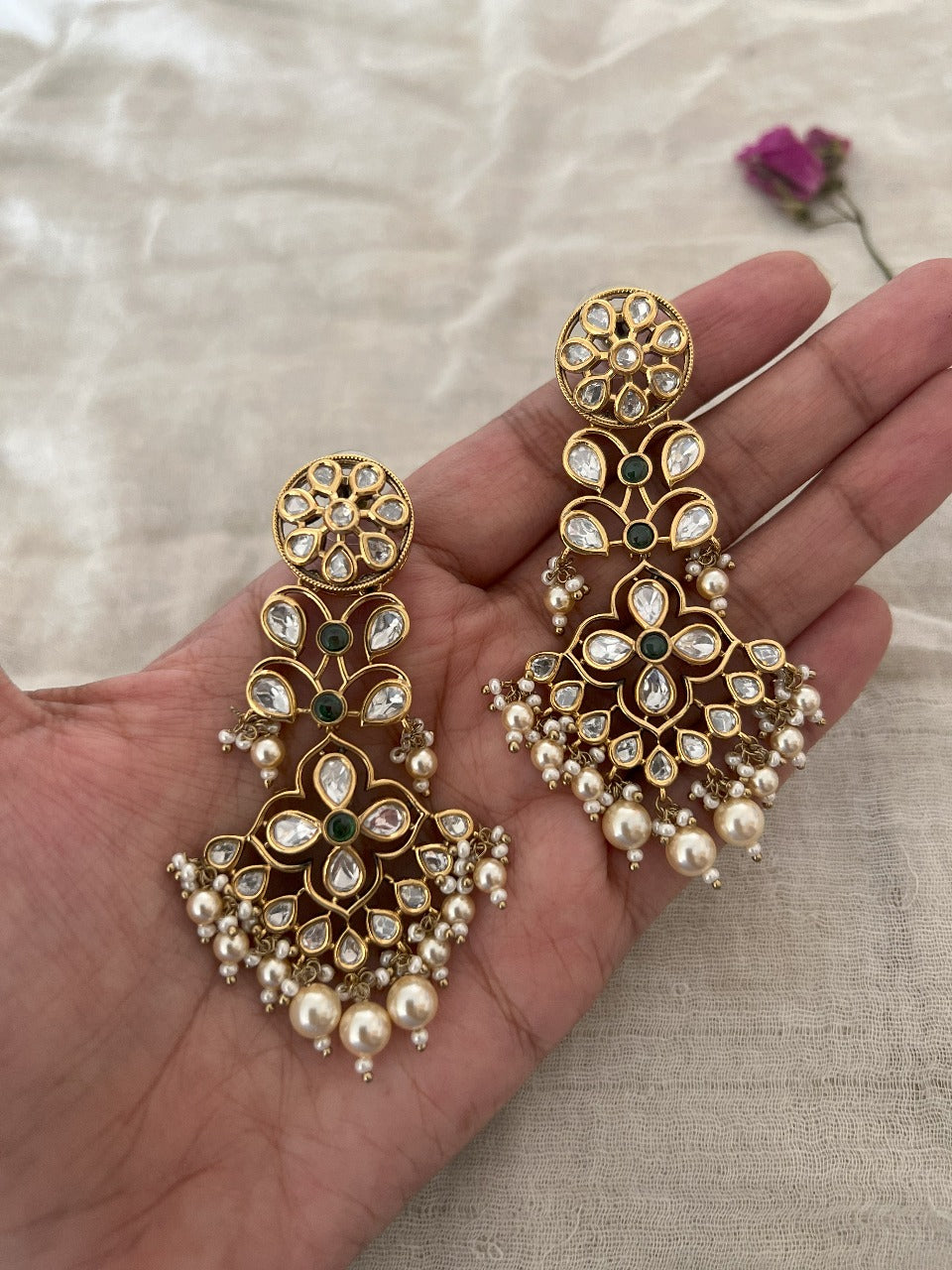 Ranibaug Ehsaas Kundan Jasmine Pearl Gold Dangler Earrings
