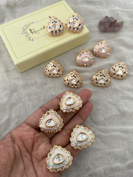 Maitri Trikona Meenakari Polki Studs | Pastel Enamel Triangle Earrings