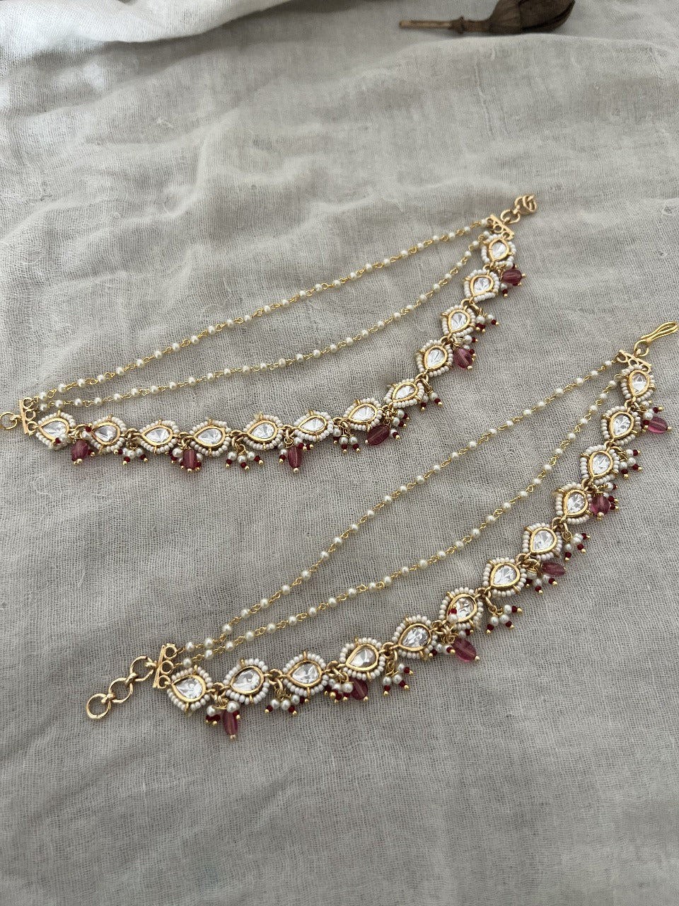 Ziya Gold Plated Kundan Teardrop And Pearl Hair Chain Hair Accessory By Ranibaug