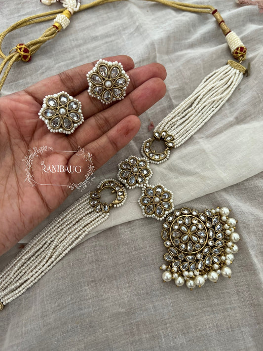 Divya White Victorian Finish Kundan And Pearls Necklace Jewellery Set By Ranibaug