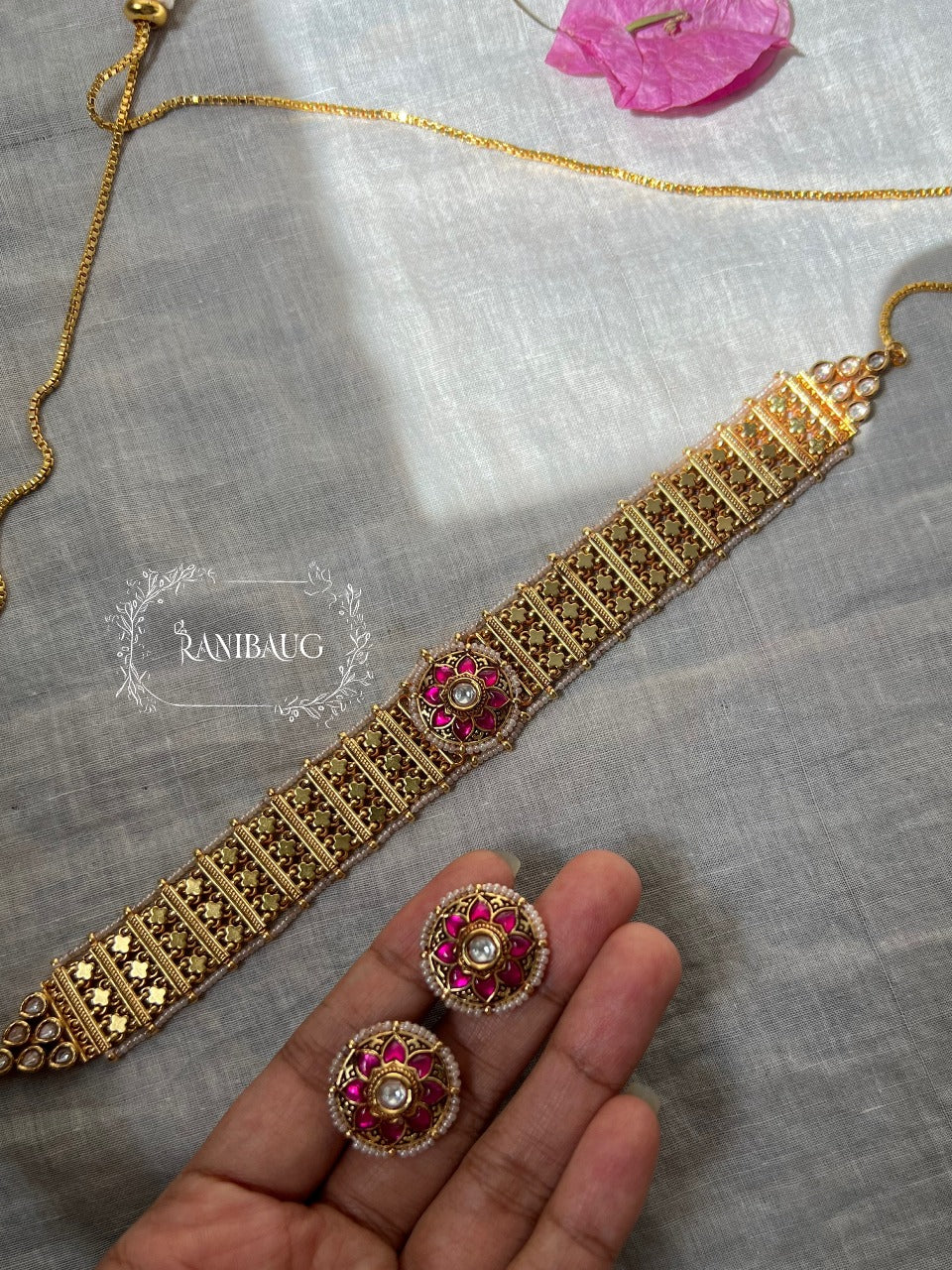 Chaitali Rich Heritage Gold Finish Enamel  Flower Motif Choker Jewellery Set For Indian Outfits By Ranibaug (No Photo)