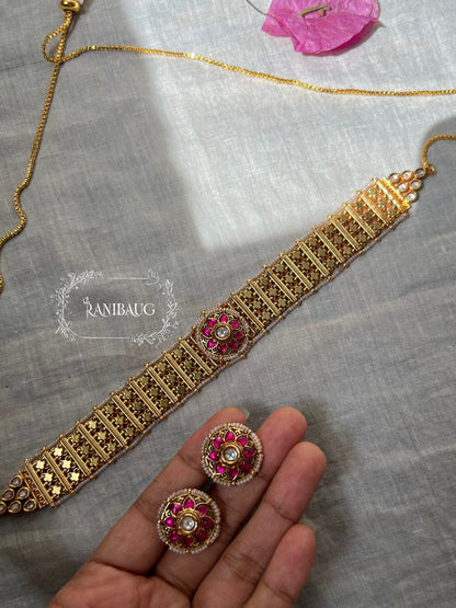 Chaitali Rich Heritage Gold Finish Enamel  Flower Motif Choker Jewellery Set For Indian Outfits By Ranibaug (No Photo)