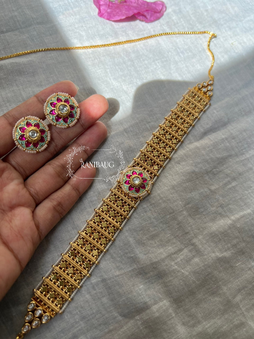 Chaitali Rich Heritage Gold Finish Enamel  Flower Motif Choker Jewellery Set For Indian Outfits By Ranibaug (No Photo)