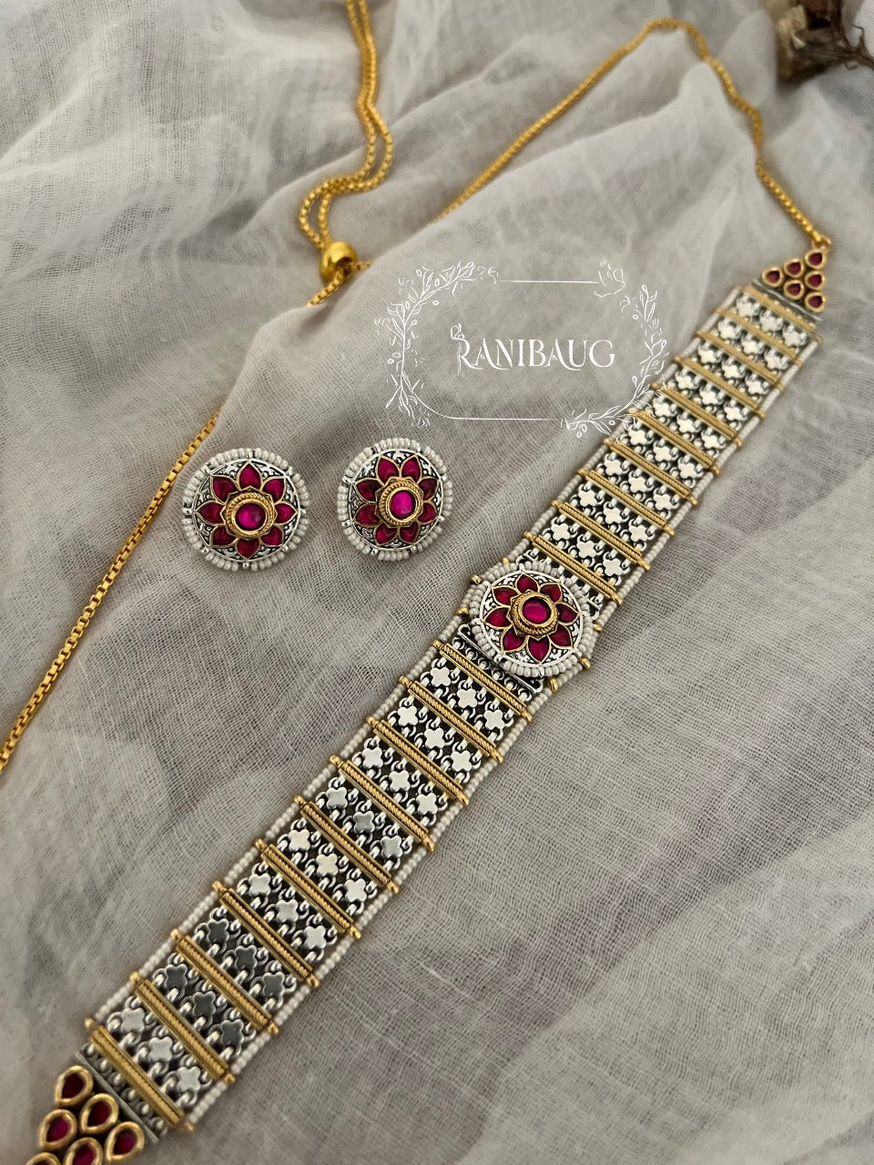 Chaitali Rich Heritage Gold Finish Enamel  Flower Motif Choker Jewellery Set For Indian Outfits By Ranibaug (No Photo)