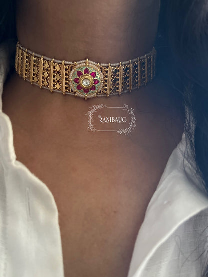 Chaitali Rich Heritage Gold Finish Enamel  Flower Motif Choker Jewellery Set For Indian Outfits By Ranibaug (No Photo)