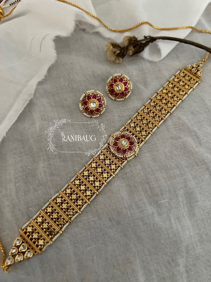 Chaitali Rich Heritage Gold Finish Enamel  Flower Motif Choker Jewellery Set For Indian Outfits By Ranibaug (No Photo)