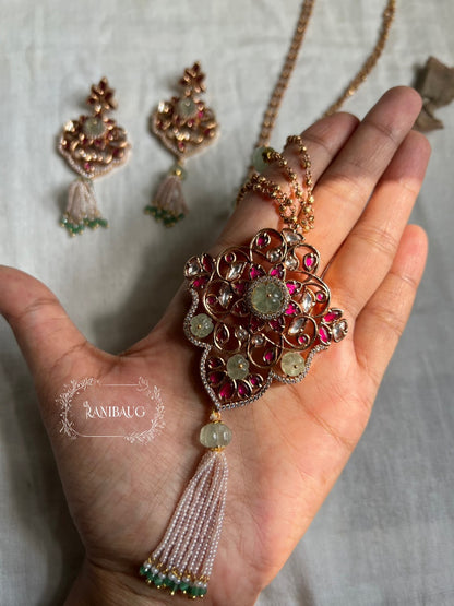 Charvi Unique Gemstone Intricate Gold Vine Work Necklace Set With Bead Tassel Fringes By Ranibaug (No Photo)