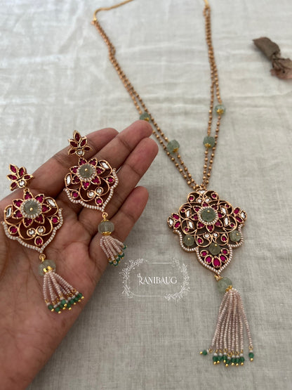 Charvi Unique Gemstone Intricate Gold Vine Work Necklace Set With Bead Tassel Fringes By Ranibaug (No Photo)