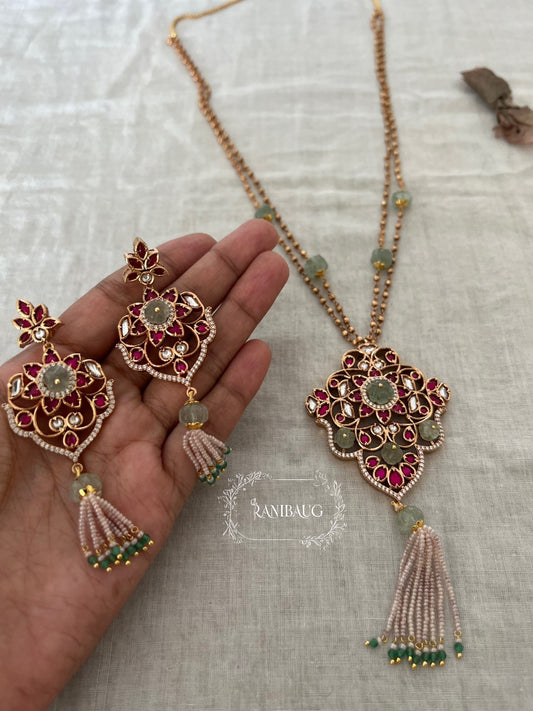 Charvi Unique Gemstone Intricate Gold Vine Work Necklace Set With Bead Tassel Fringes By Ranibaug (No Photo)