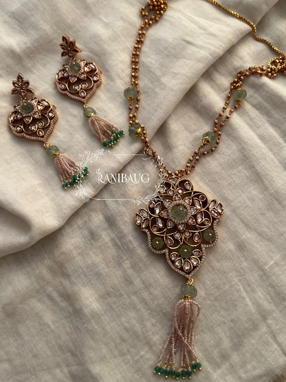 Charvi Unique Gemstone Intricate Gold Vine Work Necklace Set With Bead Tassel Fringes By Ranibaug (No Photo)