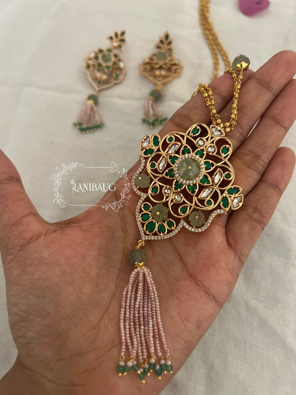 Charvi Unique Gemstone Intricate Gold Vine Work Necklace Set With Bead Tassel Fringes By Ranibaug (No Photo)