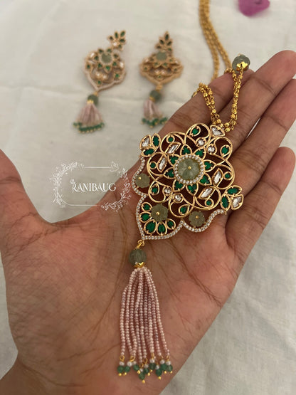 Charvi Unique Gemstone Intricate Gold Vine Work Necklace Set With Bead Tassel Fringes By Ranibaug (No Photo)