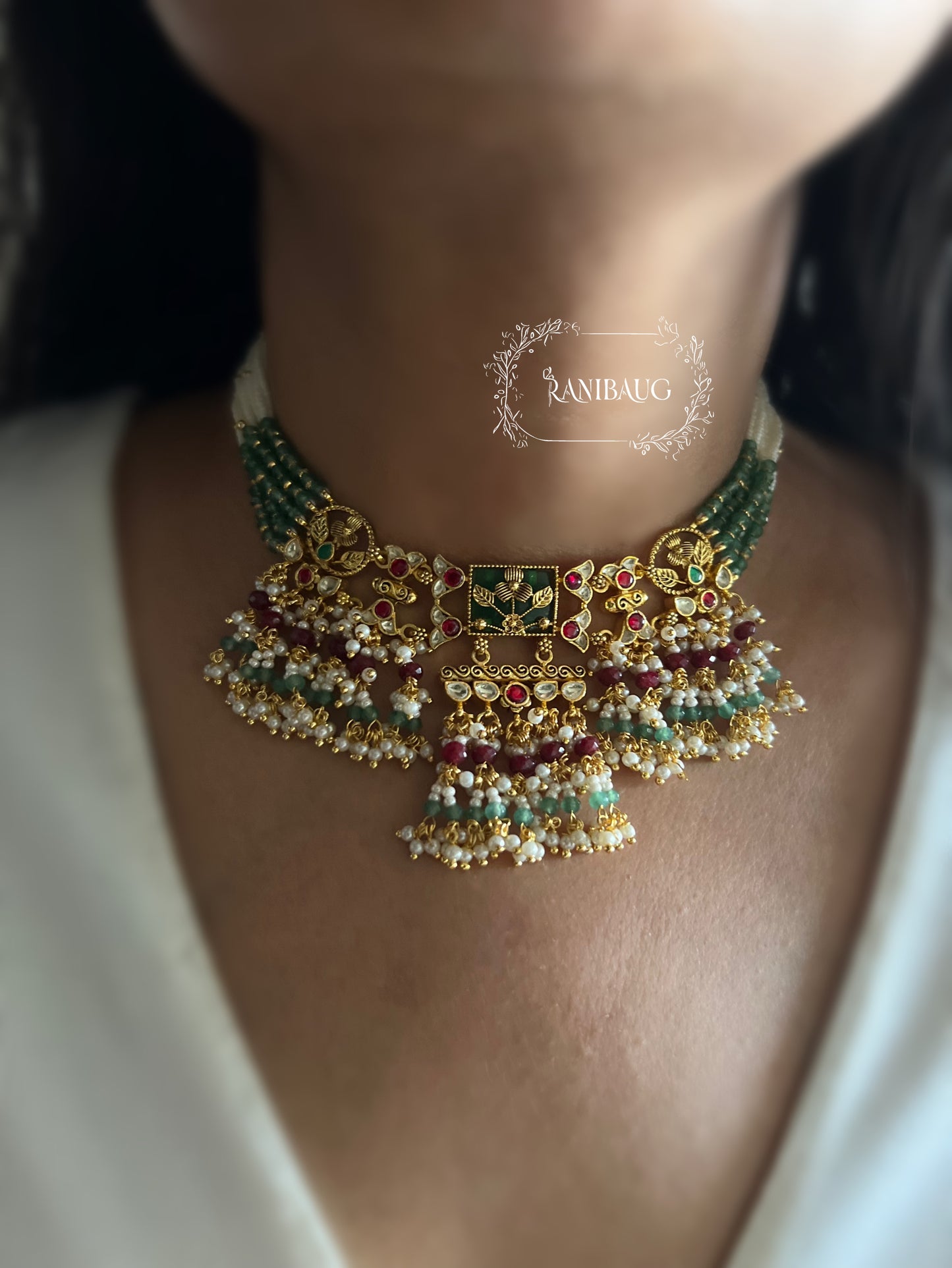 Yashasvi Pachi Kundan Gold Finish Beaded Minimal Classic Heritage Choker Set By Ranibaug