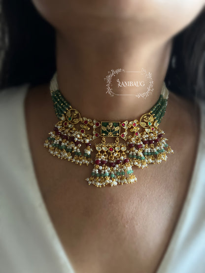Yashasvi Pachi Kundan Gold Finish Beaded Minimal Classic Heritage Choker Set By Ranibaug