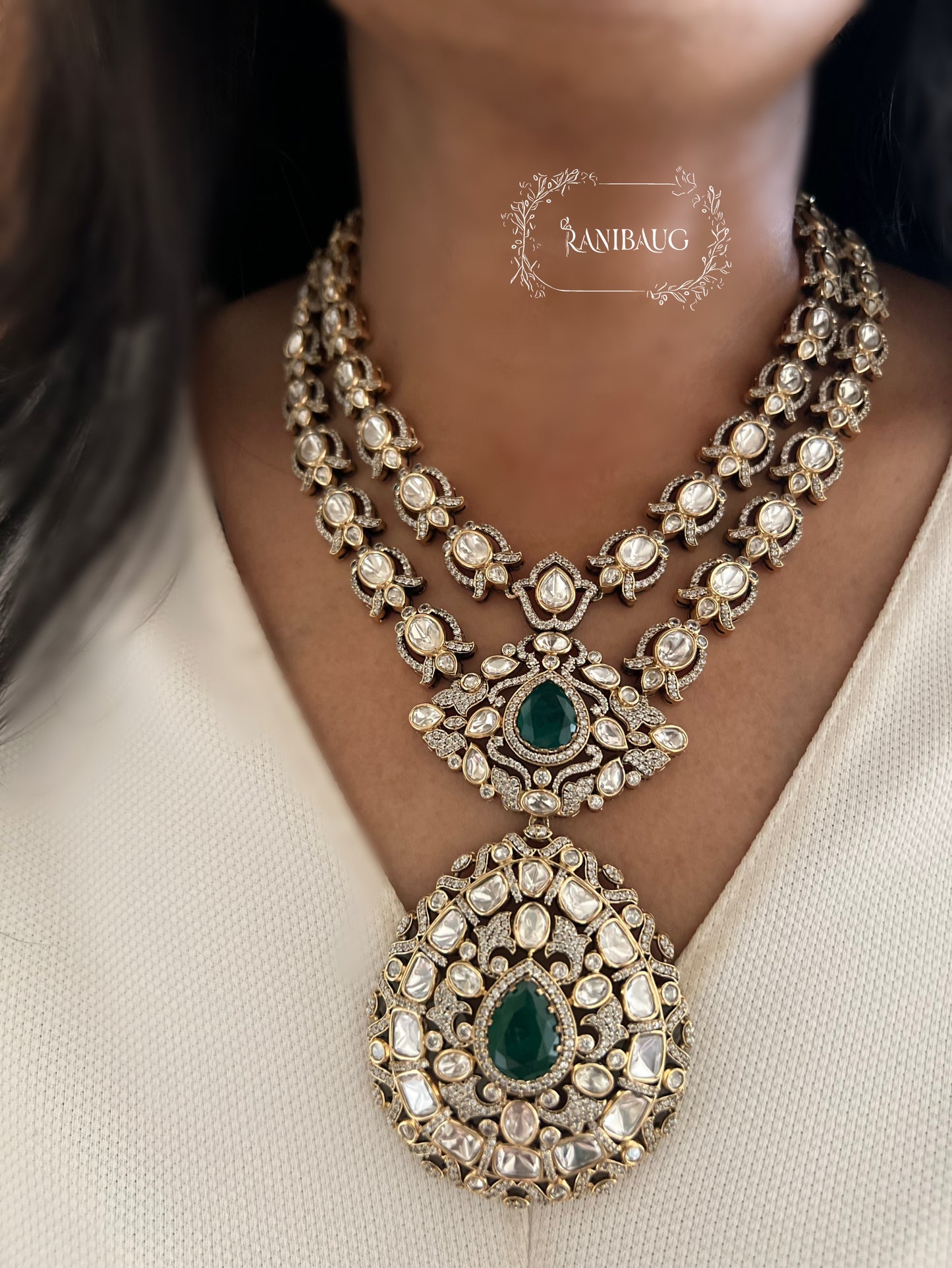Yashna Polki Kundan Studded Victorian Finish Layered Necklace Jewellery Set By Ranibaug
