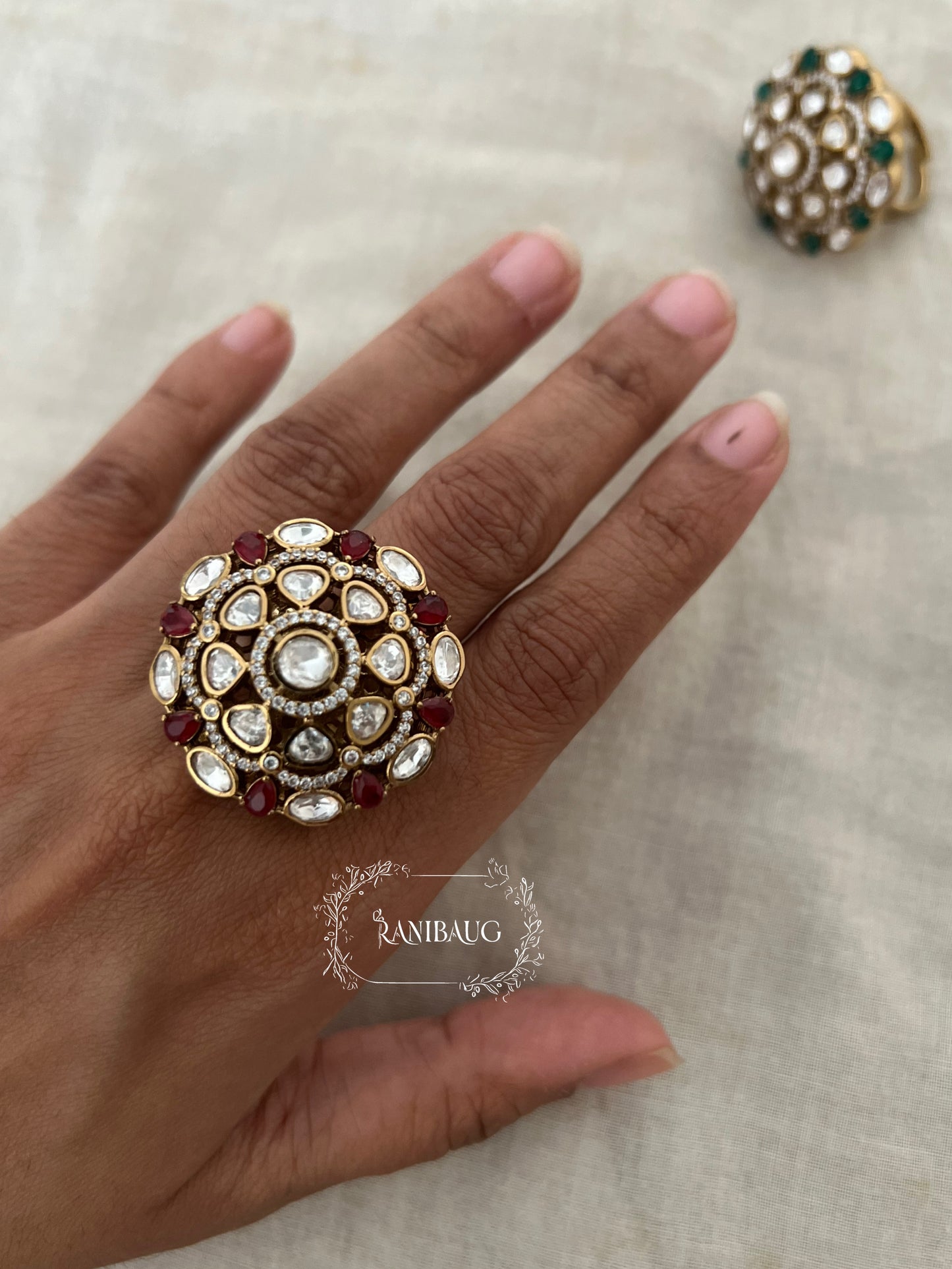 Yuhi Floral Oversized Indian Traditional Polki Kundan Gold Plated Ring By Ranibaug