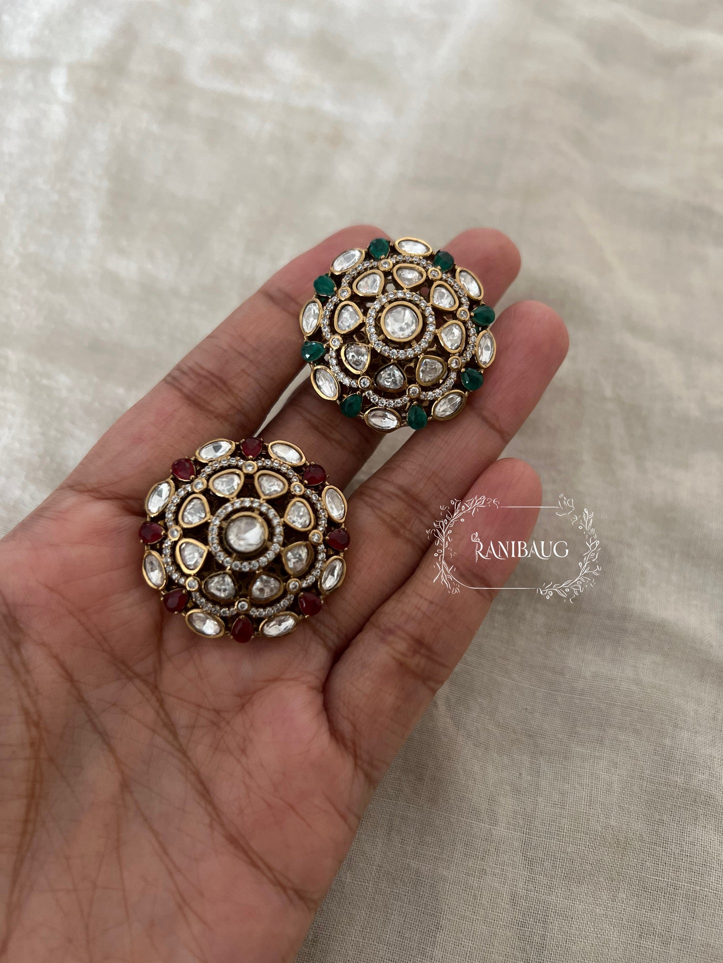 Yuhi Floral Oversized Indian Traditional Polki Kundan Gold Plated Ring By Ranibaug