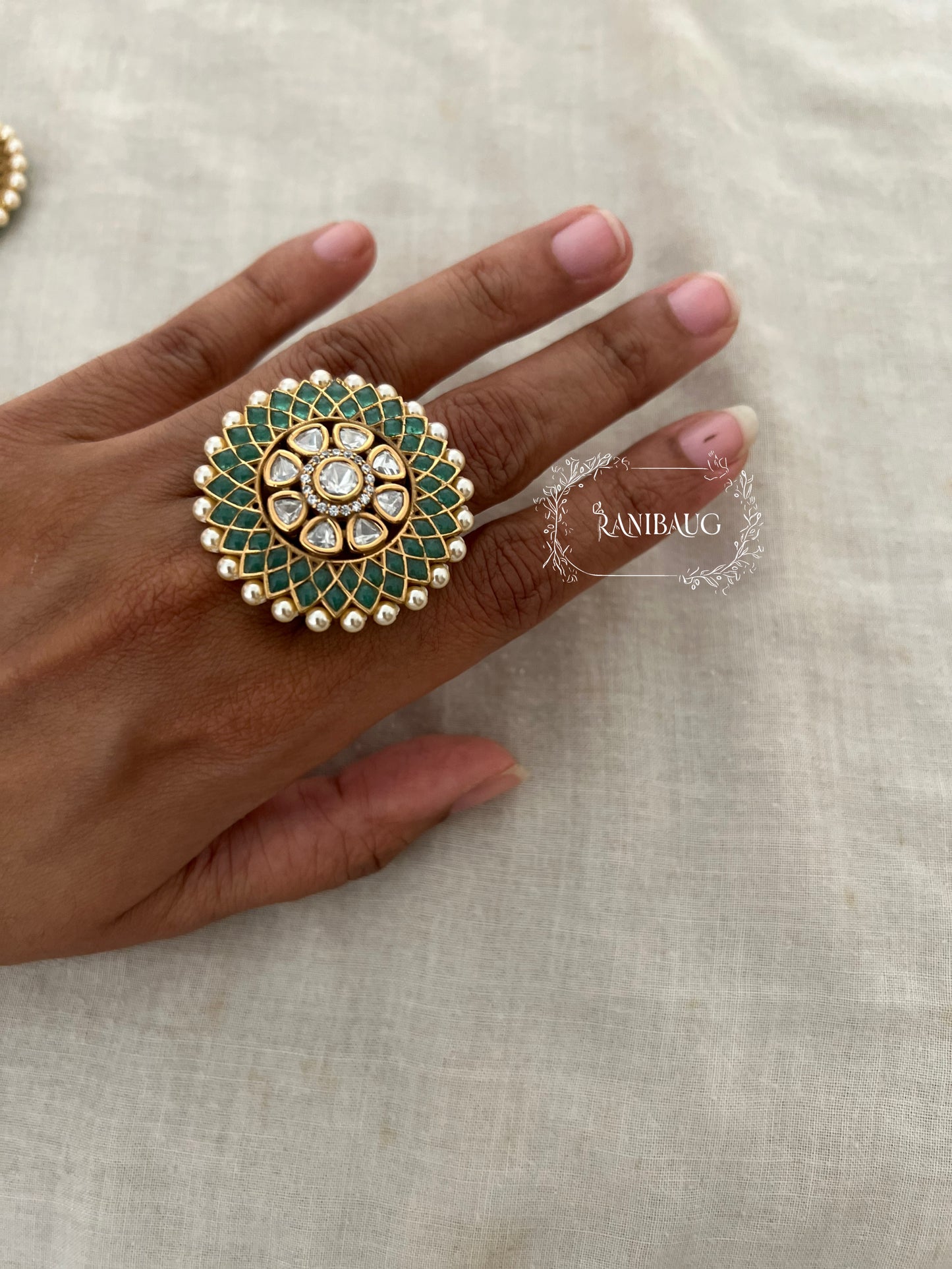Yukta Dramatic Royal Green Polki Studded Geometric Designer Ring Jewellry By Ranibaug