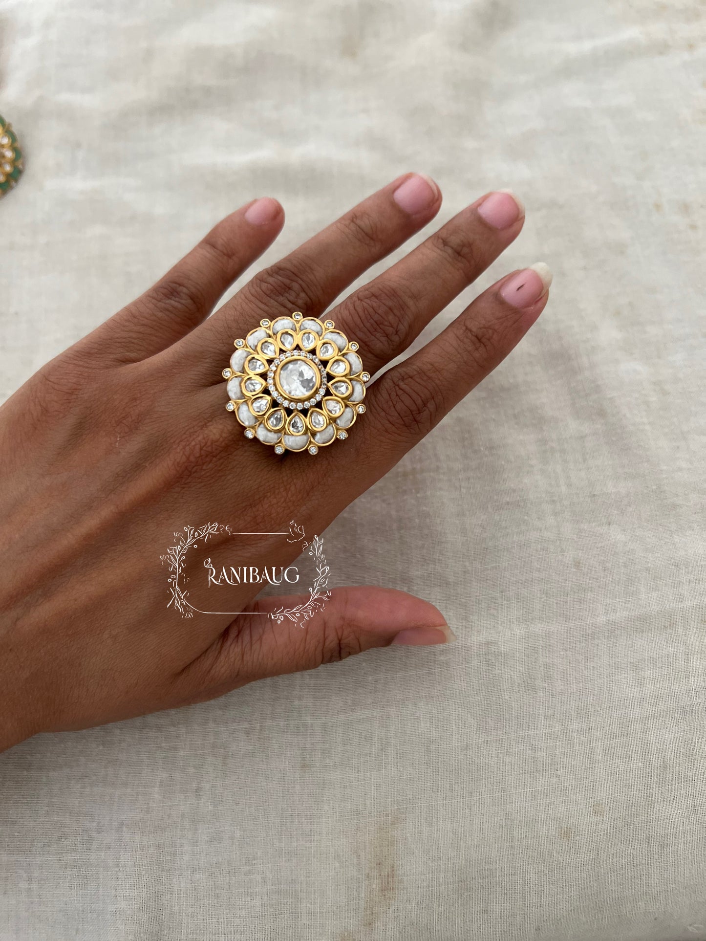 Yukti Blossom Polki Kundan Indian Ring Jewellery In Rich Gold Finish By Ranibaug