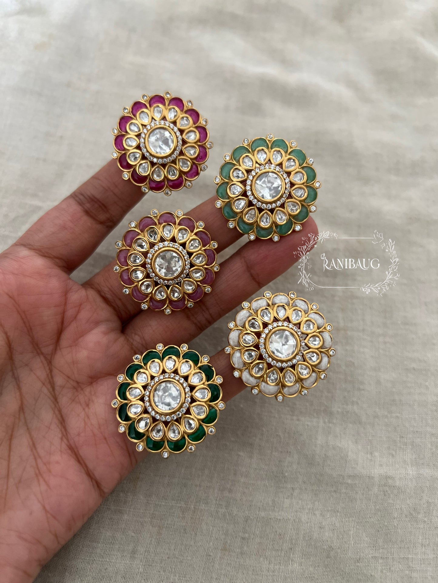 Yukti Blossom Polki Kundan Indian Ring Jewellery In Rich Gold Finish By Ranibaug