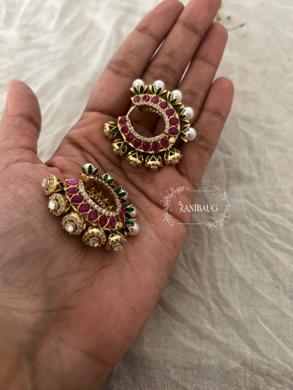 Zalak Polki Studded Gold Finish Pearl Adorned Emerald Ruby Accents Hoop Designer Earrings By Ranibaug