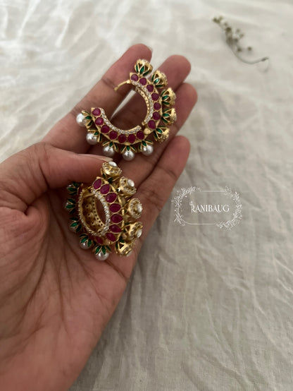 Zalak Polki Studded Gold Finish Pearl Adorned Emerald Ruby Accents Hoop Designer Earrings By Ranibaug