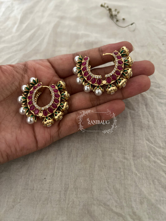 Zalak Polki Studded Gold Finish Pearl Adorned Emerald Ruby Accents Hoop Designer Earrings By Ranibaug