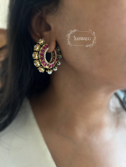 Zalak Polki Studded Gold Finish Pearl Adorned Emerald Ruby Accents Hoop Designer Earrings By Ranibaug