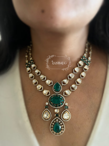 Zarika Geometric Polki Studded Gold Finish Emerald Stones Adorned Two Layered Necklace Set By Ranibaug