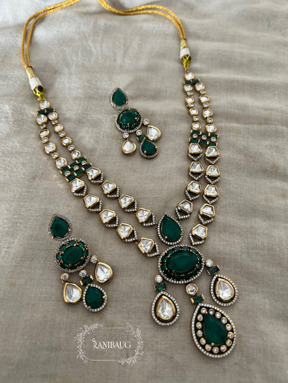 Zarika Geometric Polki Studded Gold Finish Emerald Stones Adorned Two Layered Necklace Set By Ranibaug