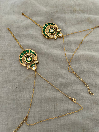 Zarika Rich Gold Finish Kundan Studded Emerald And Blue Enamel Minimal Haathphool Jewellery By Ranibaug