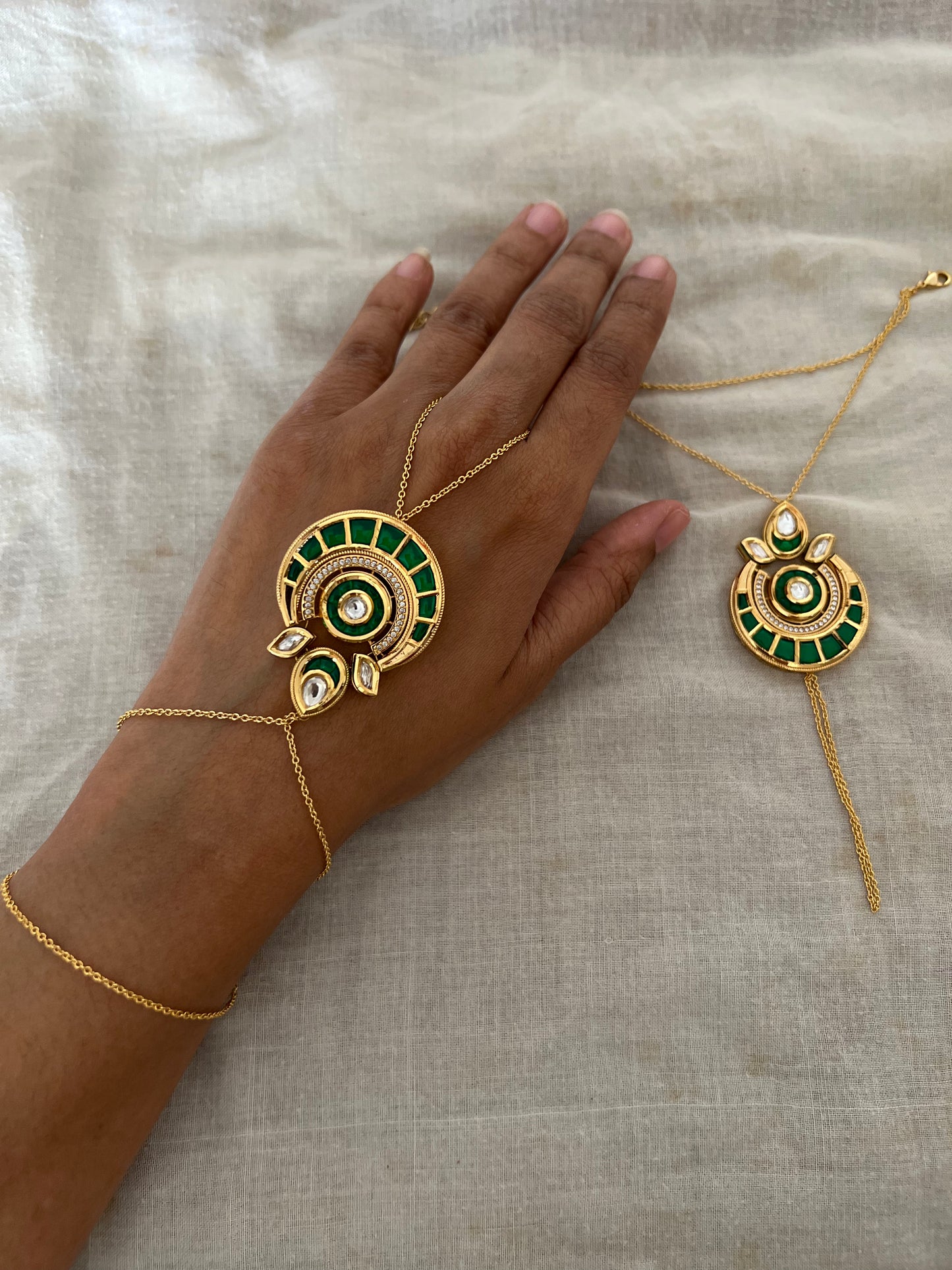 Zarika Rich Gold Finish Kundan Studded Emerald And Blue Enamel Minimal Haathphool Jewellery By Ranibaug