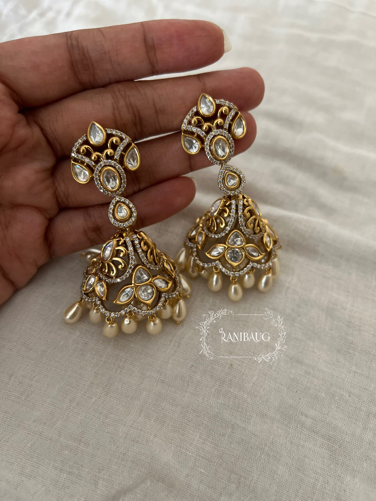 Zil Polki Pearl Gold Finish Festive Jhumka Earrings By Ranibaug