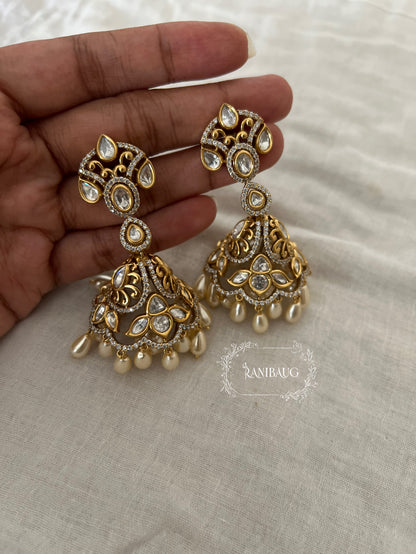 Zil Polki Pearl Gold Finish Festive Jhumka Earrings By Ranibaug