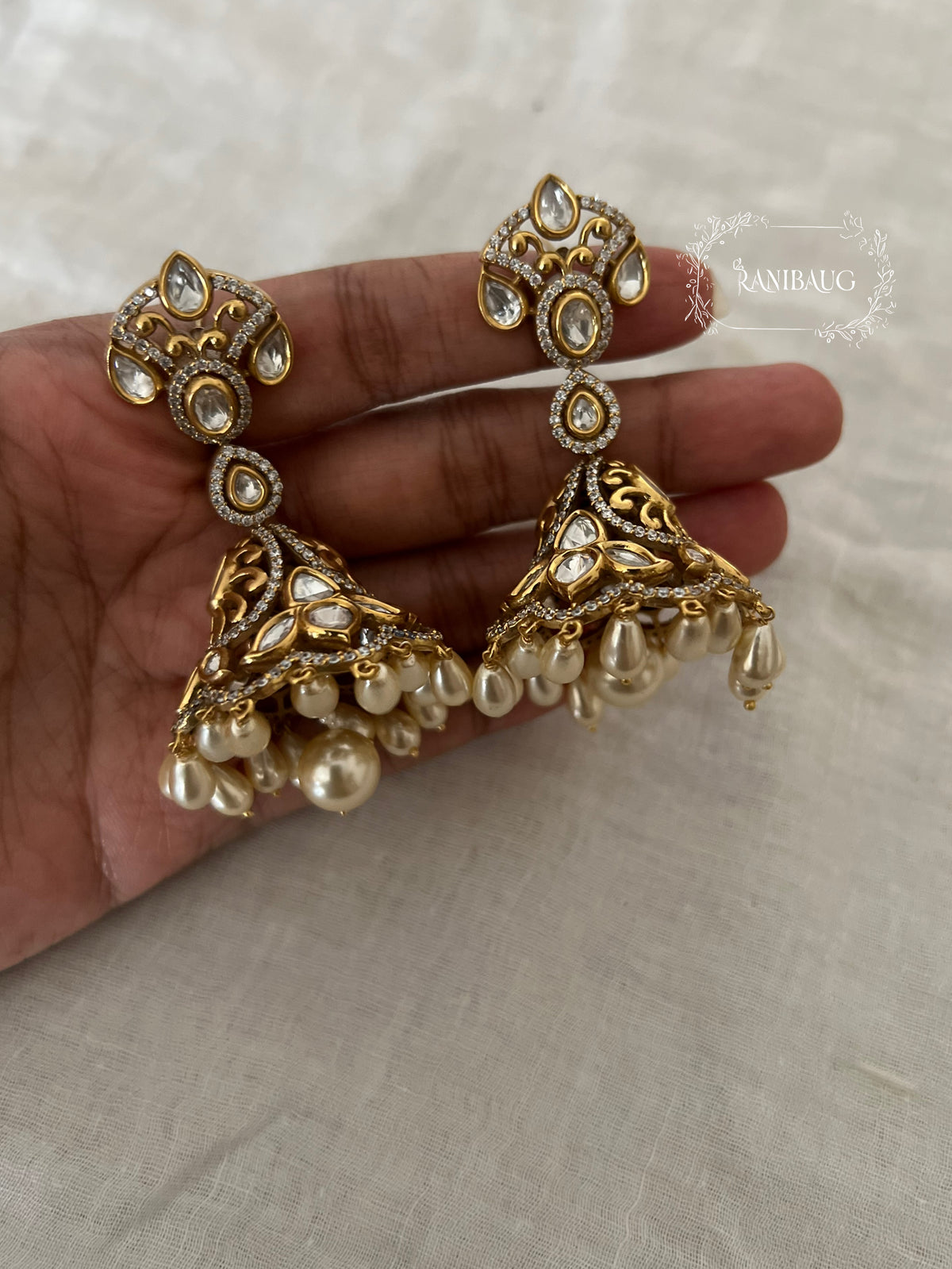 Zil Polki Pearl Gold Finish Festive Jhumka Earrings By Ranibaug