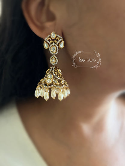 Zil Polki Pearl Gold Finish Festive Jhumka Earrings By Ranibaug