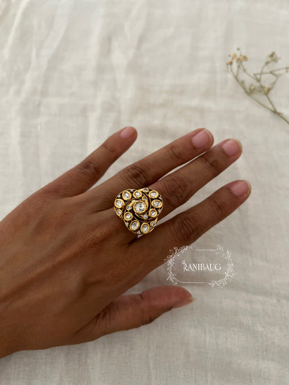 Ziva Minimal Designer Polki Kundan Festive Ring In Gold Tone By Ranibaug