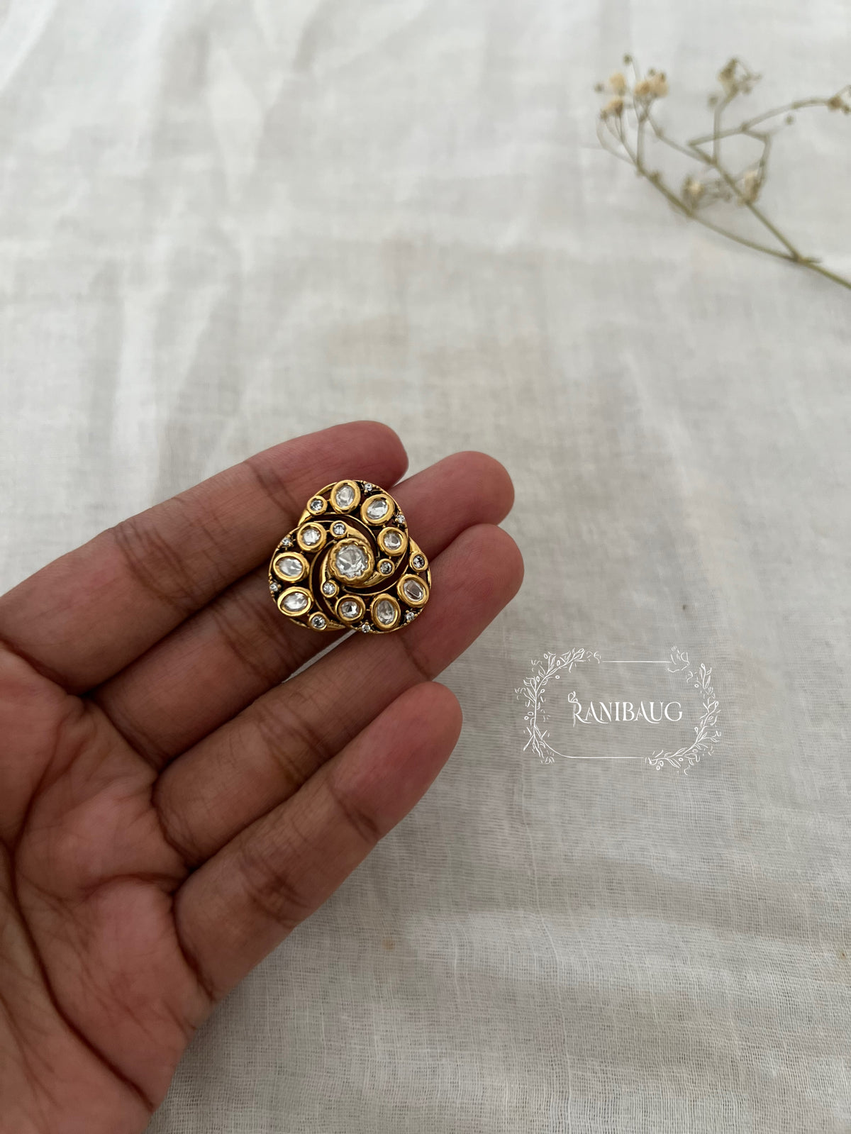 Ziva Minimal Designer Polki Kundan Festive Ring In Gold Tone By Ranibaug