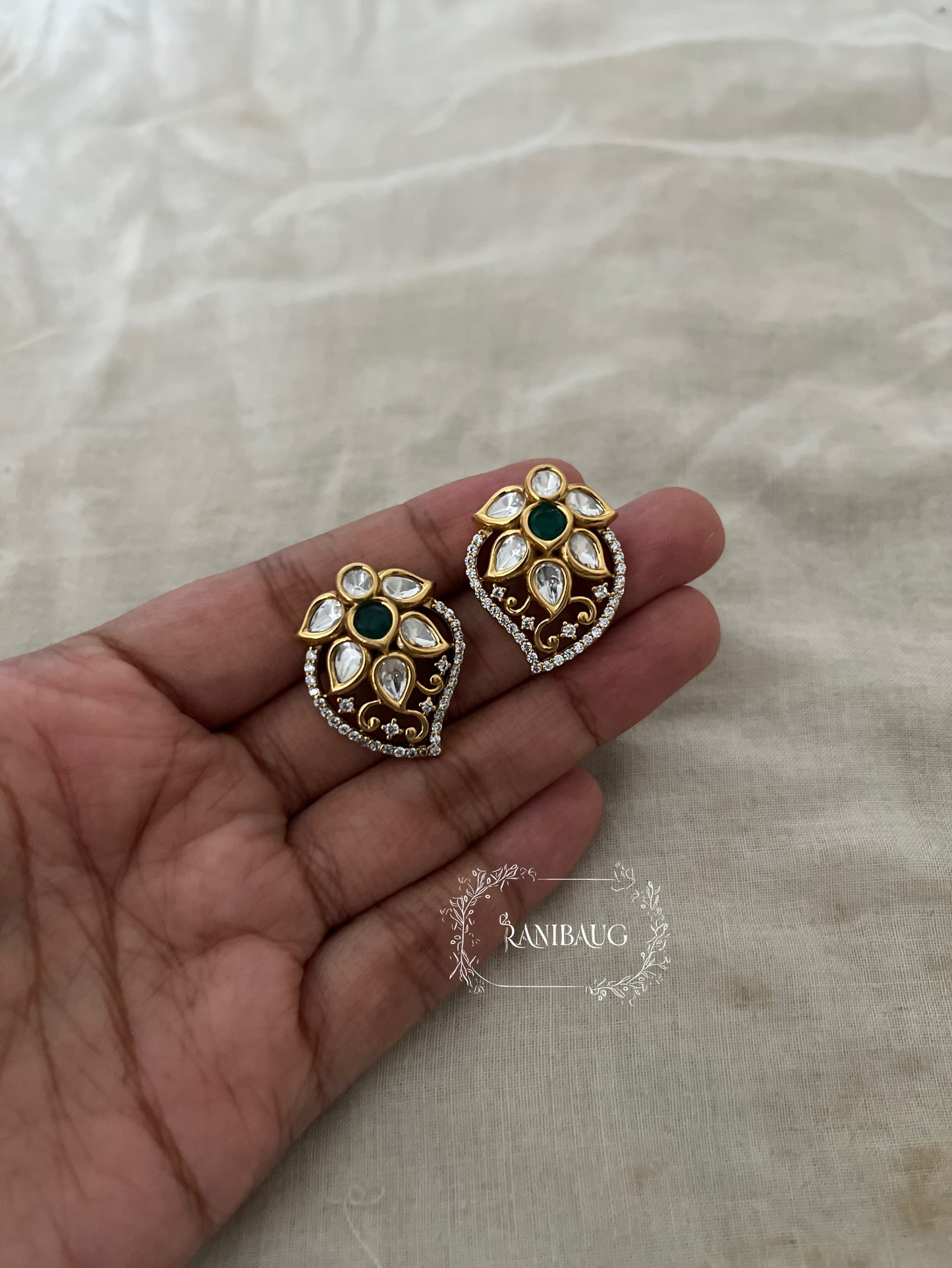 Ziva Stylish Antique Gold Leaf Kundan Floral Motif Ear Studs By Ranibaug